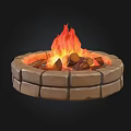 Outdoor Circular Stone Fire Pit With Bright Burning Flames And Wood Logs
