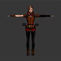 3D Female Warrior Character In Red Black Outfit With Arm Guards And Outstretched Arms