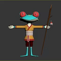Cartoon Frog Character Dressed in Yellow Red Outfit With Red Eyes Blue Body Holding Stick