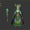 Elven Mage Character in Green Robe with Floral Headband Staff and Magical Blue Creature Companion