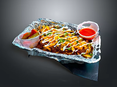 Grilled Meat In Foil Container With Cheese Vegetables And Small Plastic Sauce Cups 3d model