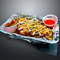 Grilled Meat In Foil Container With Cheese Vegetables And Small Plastic Sauce Cups