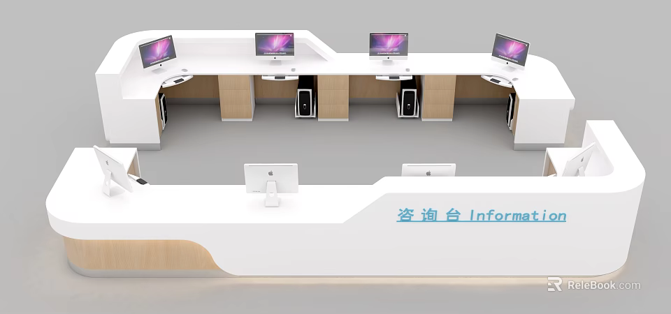 Modern Information Desk Design With White And Wooden Finish And Multiple Computer Monitors 3d model 