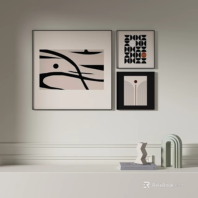 Abstract Paintings On Wall With Geometric Patterns Curved Lines Neutral Tones And Decorative Sculptures 3d model 