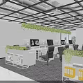 Modern Public Office Space With Open Layout White Desks Green Plants And Computer Monitors