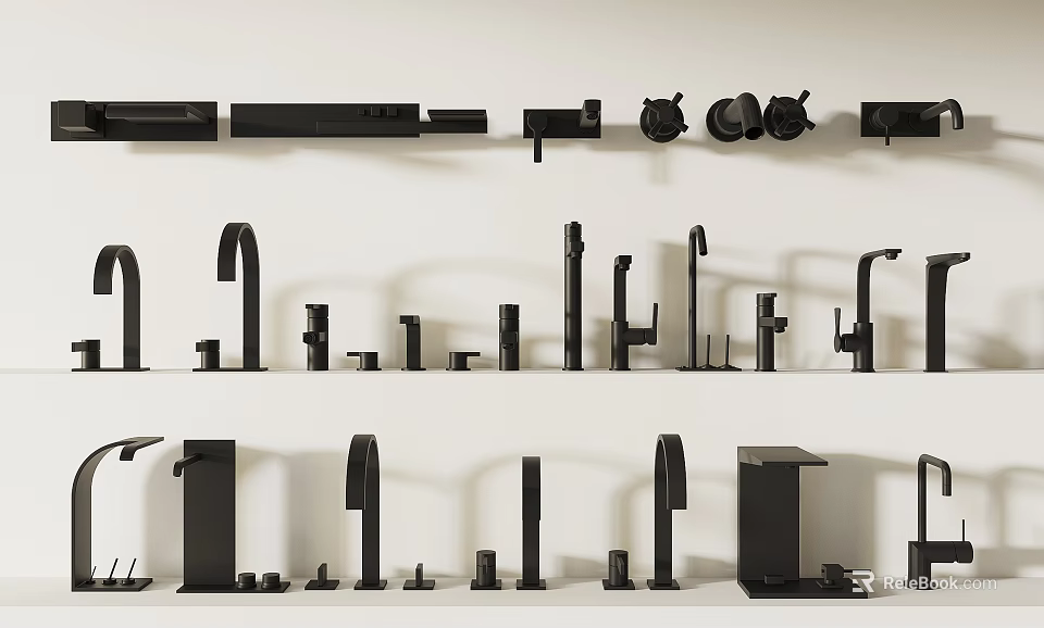 Various Black Faucets And Related Accessories Neatly Arranged On White Shelves 3d model 