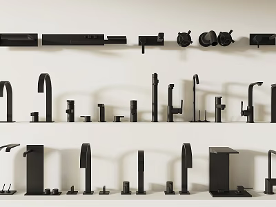 Various Black Faucets And Related Accessories Neatly Arranged On White Shelves 3d model