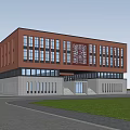 Modern Red Brick Building With Light Stone Exterior Large Glass Windows People Walking Cycling Outside