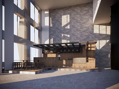 Modern Café Interior With Large Windows Natural Light Gray Stone Walls And Wooden Bar Counter 3d model