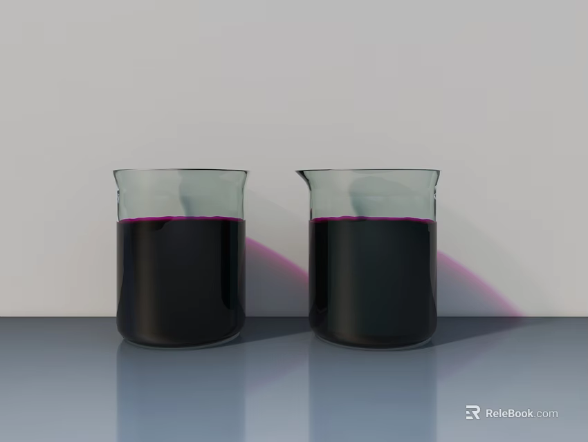 Two Glass Beakers With Dark Liquid And Purple Light Effect On Light Background 3d model 