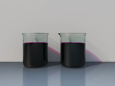 Two Glass Beakers With Dark Liquid And Purple Light Effect On Light Background 3d model