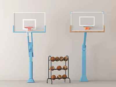 Basketball Court With Two Basketball Hoops Wooden And Blue Backboards And Ball Rack 3d model