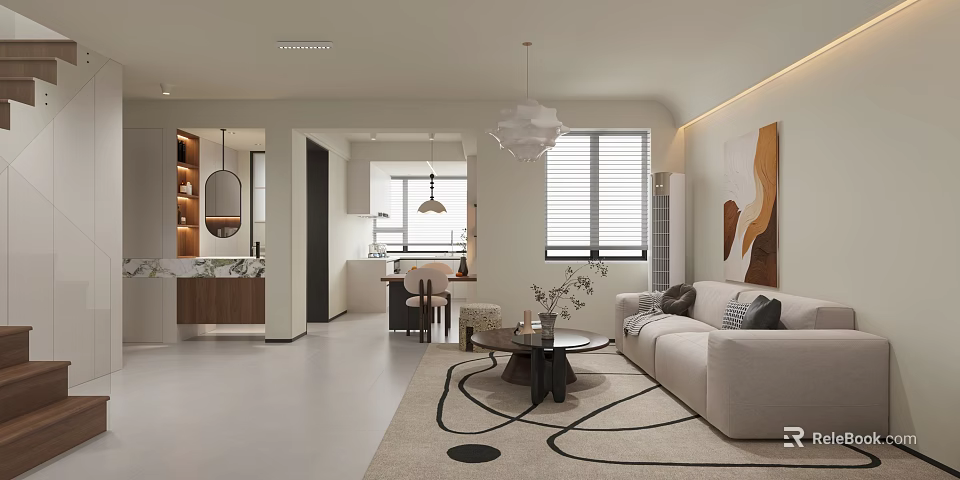Modern Living Dining Room Interior With Beige Sofa Geometric Rug Dining Table And Artwork 3d model 