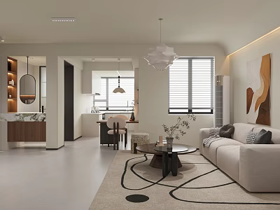 Modern Living Dining Room Interior With Beige Sofa Geometric Rug Dining Table And Artwork 3d model