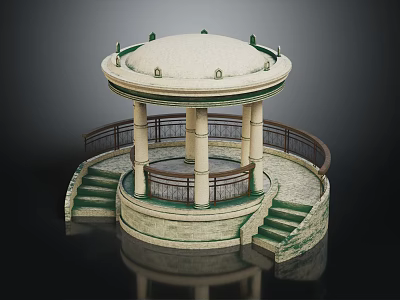 Ornate Stone Round Gazebo Structure With Columns Railings Steps And Green Decorations 3d model