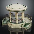 Ornate Stone Round Gazebo Structure With Columns Railings Steps And Green Decorations