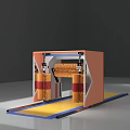Industrial Commercial Equipment with Orange Canopy Black Frame Yellow Blue Conveyor Belt and Rollers