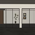 Modern Interior With Glass Sliding Doors Black Frames Decorative Paintings And Potted Plant
