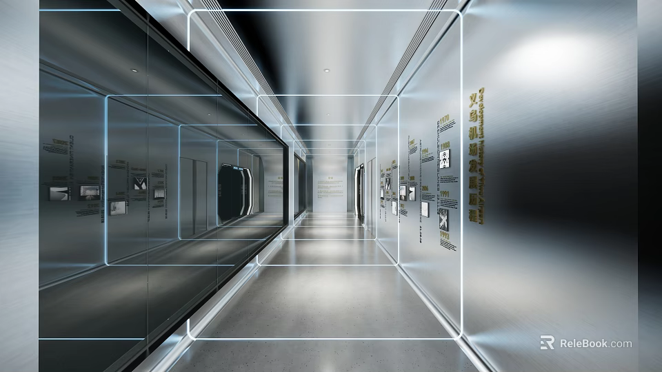 Modern Corridor Interior With Glass Walls Display Cabinets And Ambient Lighting 3d model 