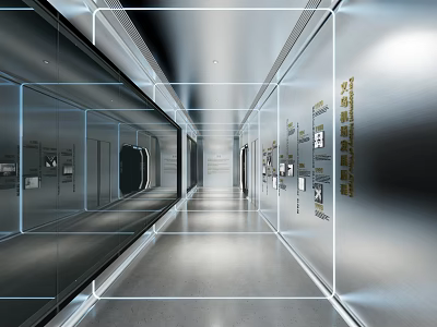 Modern Corridor Interior With Glass Walls Display Cabinets And Ambient Lighting 3d model