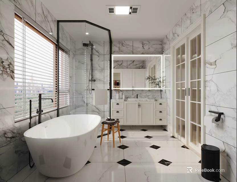 Modern Bathroom Interior With Marble Tiles Bathtub And Vanity 3d model