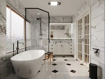 Modern Bathroom Interior With Marble Tiles Bathtub And Vanity 3d model