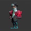 Stylized Futuristic 3D Character With Mechanical Headgear Teal Pink Outfit And Armored Gloves