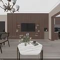 Warm Modern Living And Dining Room With Orange Sofa Marble Coffee Table And Wood Accents
