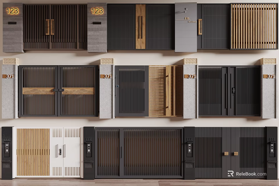 Modern And Traditional Entrance Doors With Wooden Panels Metal Frames And Bamboo Slats Design 3d model 