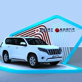 Modern Car Display Shelf with Blue Illuminated Frame for Vehicle Exhibition and White SUV Showcase