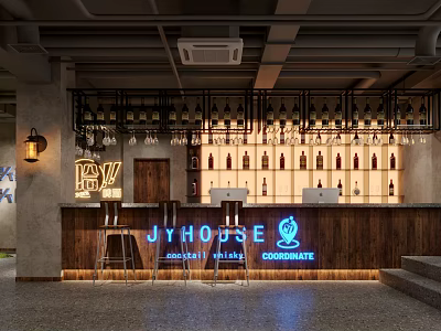 JYHOUSE Granate Valley Community Bar Interior With Wooden Counter Wine Racks And Neon Sign 3d model