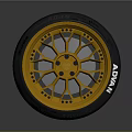 Car Wheel Featuring Golden Rim Black Tire And ADVAN Brand Stylish Design