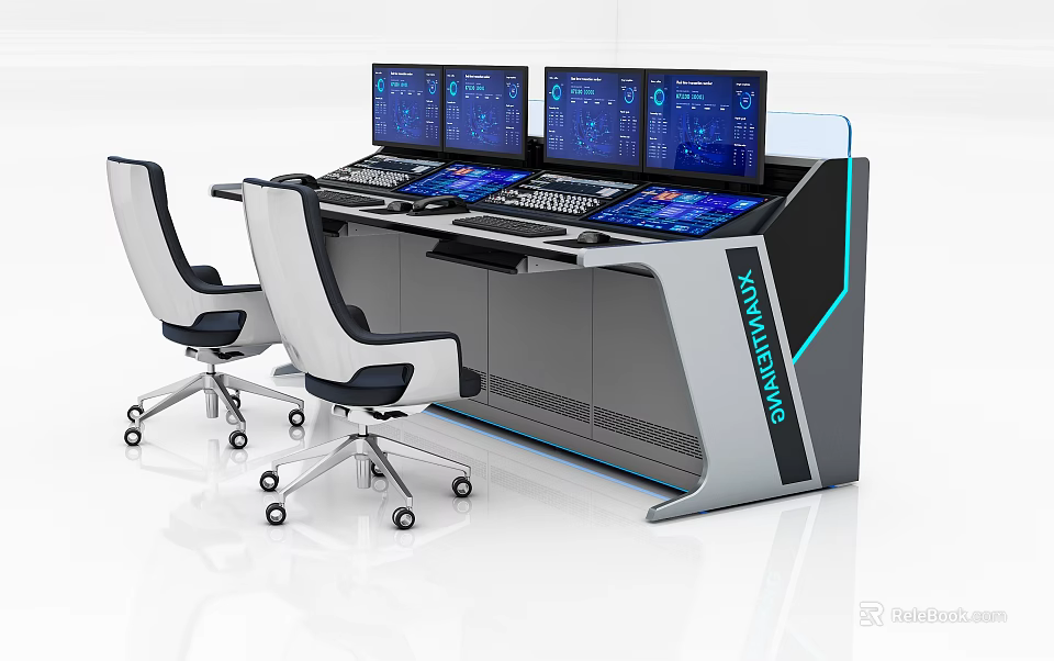 Modern Functional Desk With Multiple Monitors Ergonomic Chairs And Control Panel Setup 3d model 