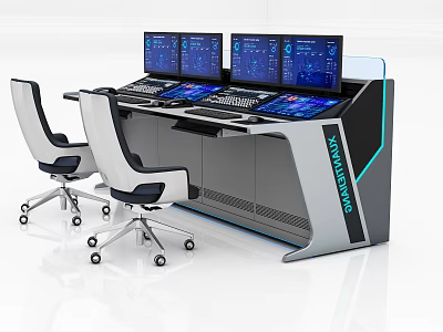 Modern Functional Desk With Multiple Monitors Ergonomic Chairs And Control Panel Setup 3d model