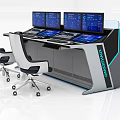 Modern Functional Desk With Multiple Monitors Ergonomic Chairs And Control Panel Setup