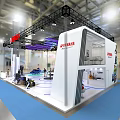 Yamaha Modern Exhibition Booth Featuring White Vehicle Blue Carpet And Purple Decorations