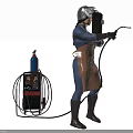 Welder Wearing Helmet And Blue Uniform Using Welding Torch With Gas Cylinder Equipment