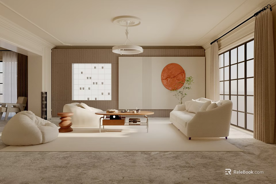 Modern Living Room With White Sofas Round Armchair Wooden Coffee Table And Circular Wall Art 3d model 