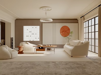 Modern Living Room With White Sofas Round Armchair Wooden Coffee Table And Circular Wall Art 3d model