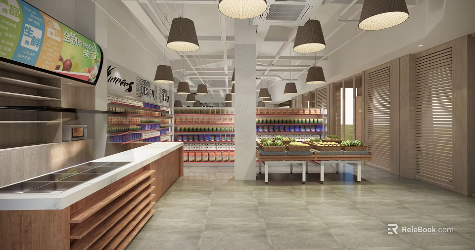 Modern Supermarket Interior Open Layout With Shelves Fresh Fruits Vegetables And Pendant Lights 3d model 