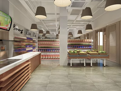 Modern Supermarket Interior Open Layout With Shelves Fresh Fruits Vegetables And Pendant Lights 3d model