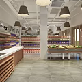 Modern Supermarket Interior Open Layout With Shelves Fresh Fruits Vegetables And Pendant Lights