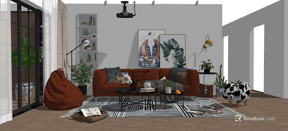 Red Sofa and Black Coffee Table Set with Green Plants Throw Pillows and Wall Art 3d model 