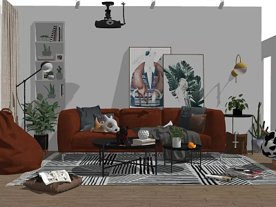 Red Sofa and Black Coffee Table Set with Green Plants Throw Pillows and Wall Art 3d model