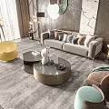 Modern Grey Sofa Coffee Table Set With Round Tables Plush Pillows And Soft Rug 3d model