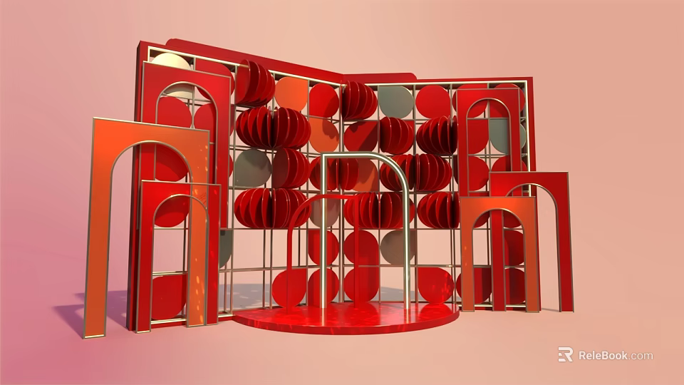 Red Geometric Art Installation With Circular Elements And Arch Structures 3d model