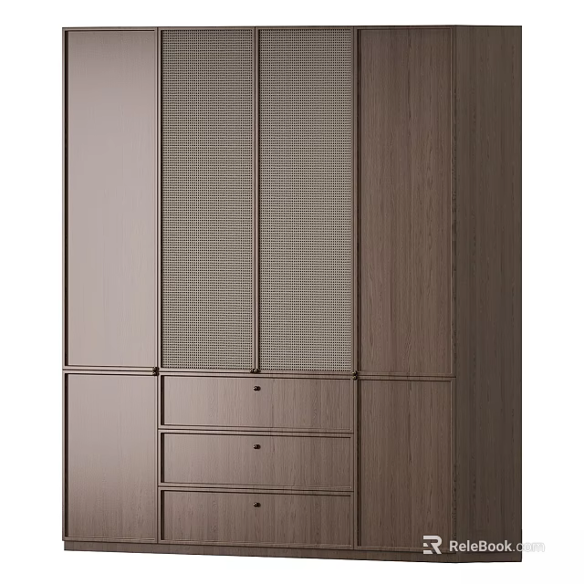 Modern Wooden Chest of Drawers with Sleek Design Multiple Drawers and Rattan Panel Cabinet Doors 3d model 