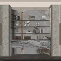 Elegant Modern Bookcase With Marble Finish Gold Accents And Shelves Holding Books Decorative Items