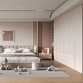 Modern Bedroom Interior With Bed Built-in Wardrobes Stuffed Toys on Striped Carpet and Ceiling Lights