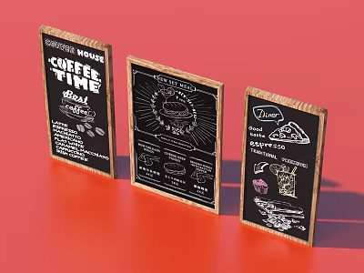 Wooden Menu Boards With Hand Drawn Coffee Breakfast Pizza Illustrations On Red Background 3d model